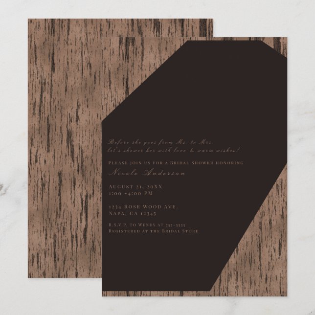 Rustic Chocolate Rose Wood Modern Bridal Shower Invitation (Front/Back)