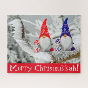 Rustic Chrismukkah Blue and Red Elves Gift Jigsaw Puzzle