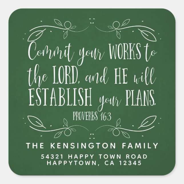 Rustic Christian Bible Verse Green Address Square Sticker (Front)