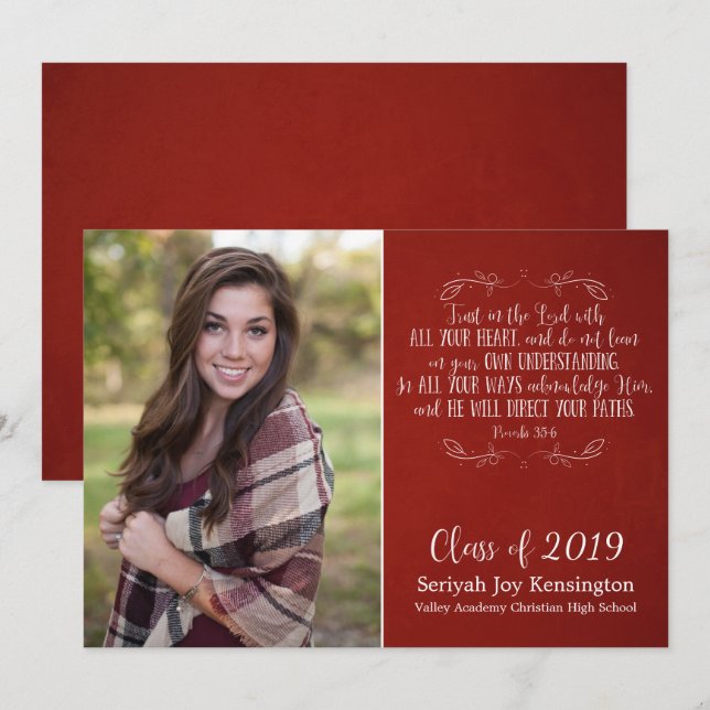 Rustic Christian Bible Verse Red Graduation Photo Invitation (Front/Back)