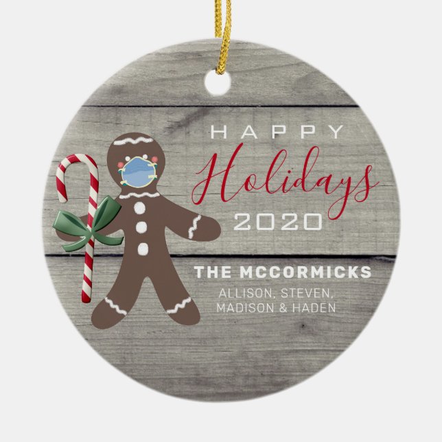 Rustic Christmas 2020 Gingerbread Man Family Name Ceramic Ornament (Front)