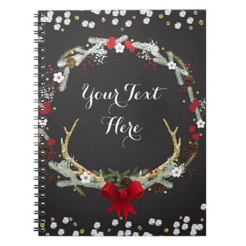 Rustic Christmas Antler Wreath Holiday Custom Notebook
