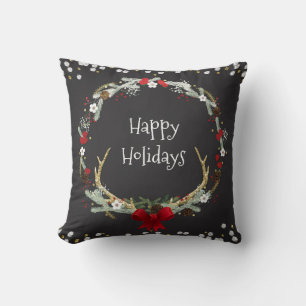 Rustic Christmas Antler Wreath Holiday Decor Throw Pillow