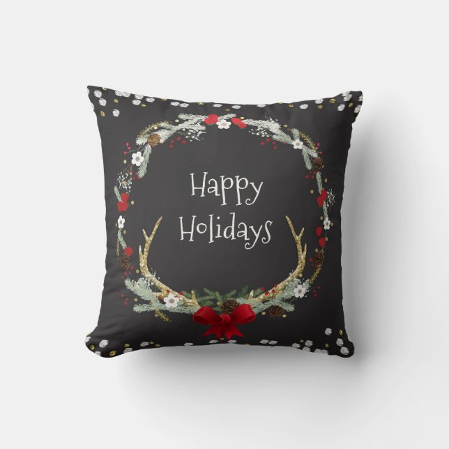 Rustic Christmas Antler Wreath Holiday Decor Throw Pillow (Front)