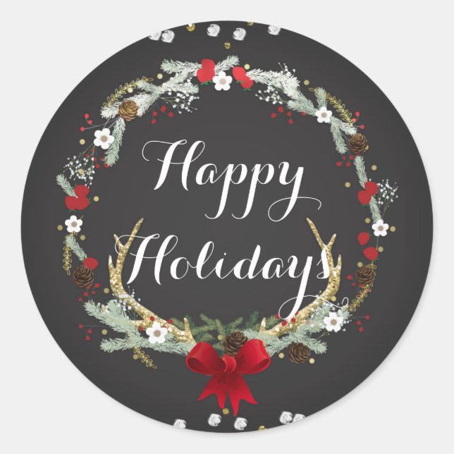 Rustic Christmas Antler Wreath Holiday Party Favor Classic Round Sticker (Front)