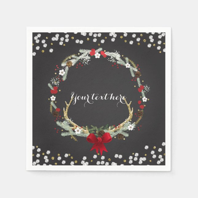 Rustic Christmas Antler Wreath Holiday Party Napkins (Front)