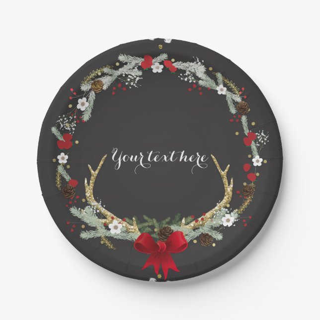 Rustic Christmas Antler Wreath Holiday Party Paper Plates (Front)