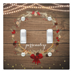 Rustic Christmas Antler Wreath Wood & Lights Light Switch Cover