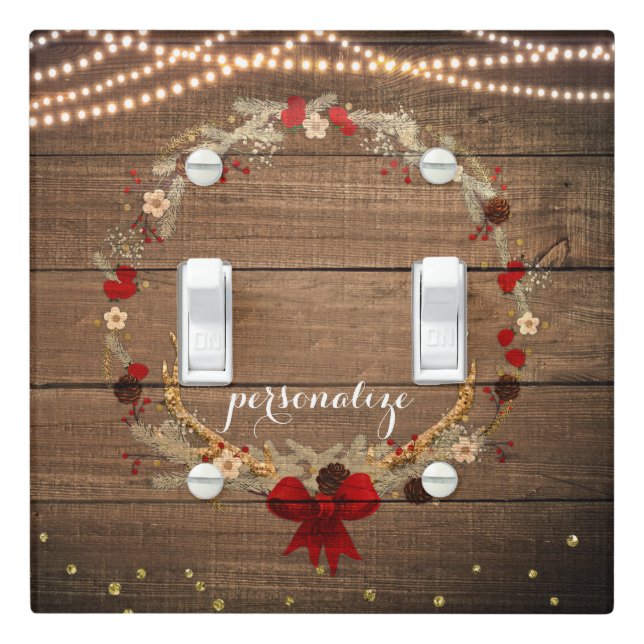 Rustic Christmas Antler Wreath Wood & Lights Light Switch Cover (In Situ)