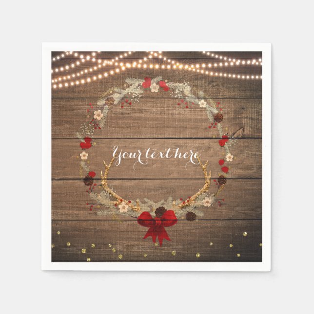 Rustic Christmas Antler Wreath Wood & Lights Napkins (Front)
