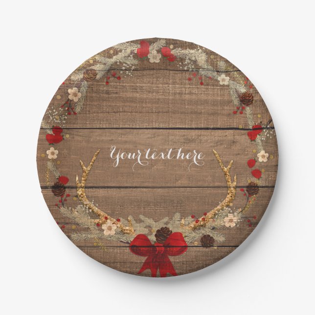 Rustic Christmas Antler Wreath Wood & Lights Paper Plates (Front)