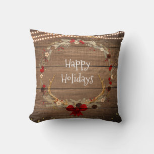 Rustic Christmas Antler Wreath Wood & Lights Throw Pillow