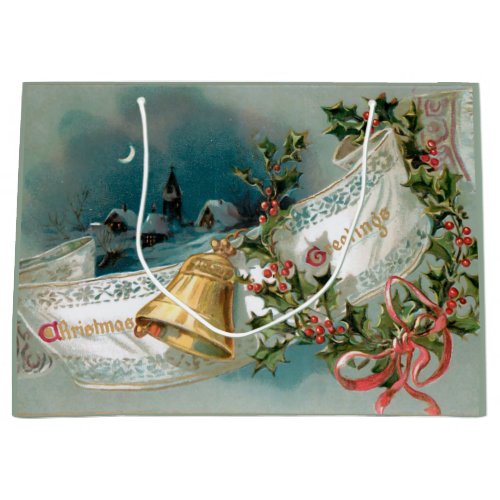 Rustic Christmas Banner wBell Ribbon  Holly Large Gift Bag