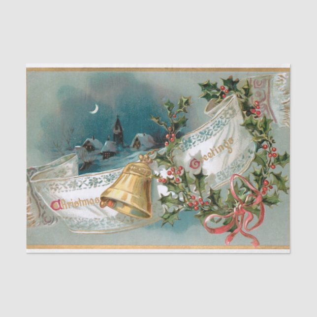 Rustic Christmas Banner w/Bell, Ribbon & Holly Tissue Paper (Front)