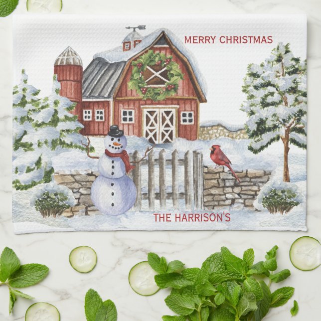 Rustic Christmas Barn Scene Snowman, Snow, Bird Kitchen Towel (Folded)