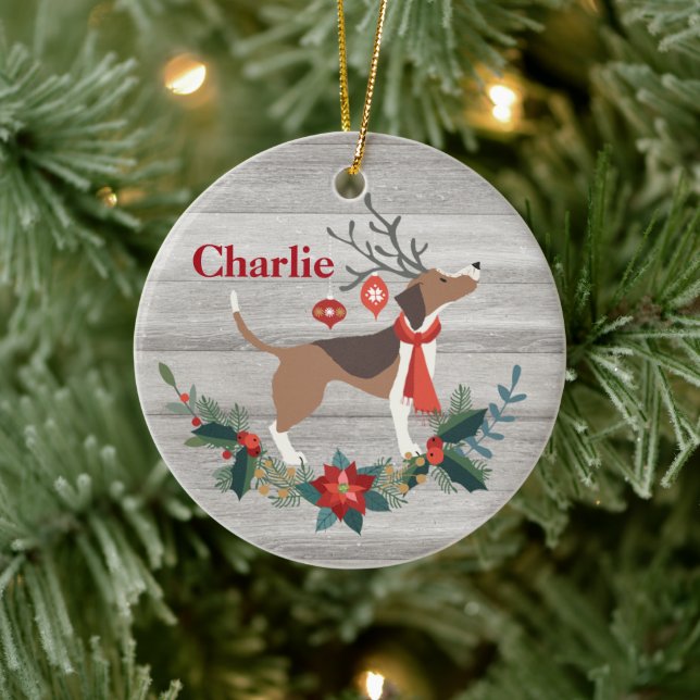 Rustic Christmas Beagle Dog Antlers Greenery Ceramic Ornament (Tree)