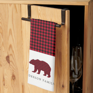 Rustic Christmas Bear Plaid Family Name Kitchen Towel
