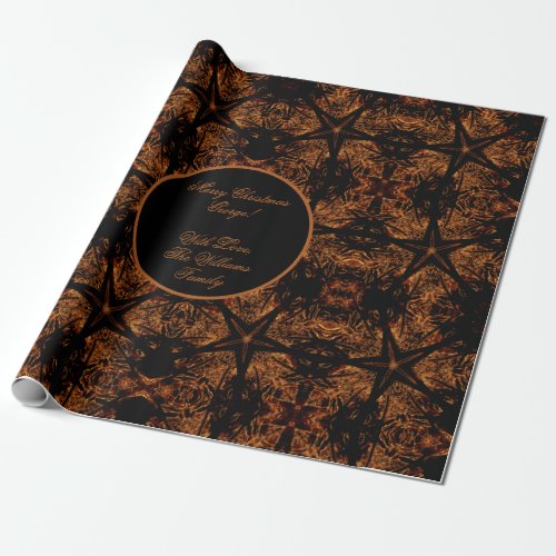 Rustic Christmas Black Brown Orange Stars Pattern Wrapping Paper