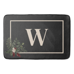 Rustic Christmas Black & Cream Monogram Pine Bath Mat