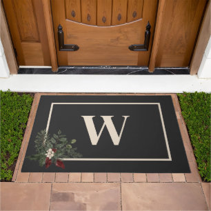 Rustic Christmas Black & Cream Monogram Pine Doormat