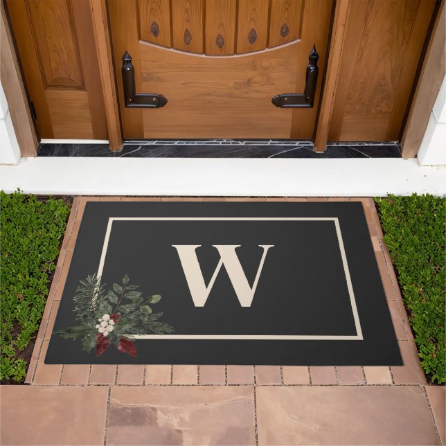 Rustic Christmas Black & Cream Monogram Pine Doormat (Outdoor)