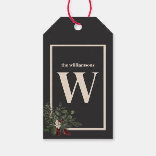 Rustic Christmas Black & Cream Monogram Pine Gift Tags