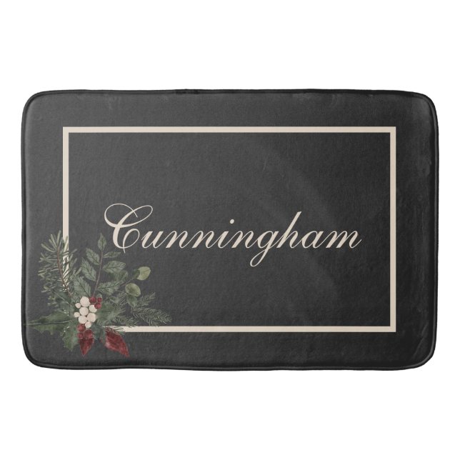 Rustic Christmas Black & Cream Name Pine Bath Mat (Front)