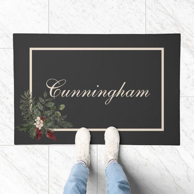 Rustic Christmas Black & Cream Name Pine Doormat (Indoor)