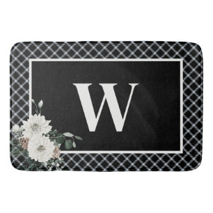 Rustic Christmas Black & White Monogram Pine Bath Mat