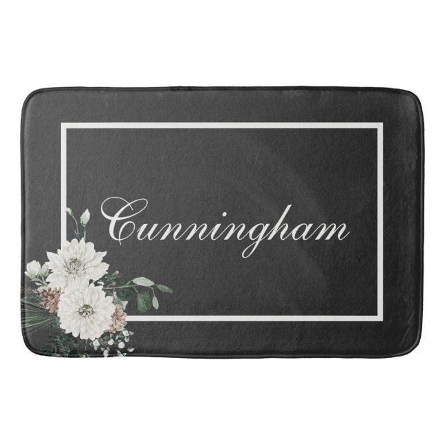 Rustic Christmas Black & White Name Pine Bath Mat (Front)