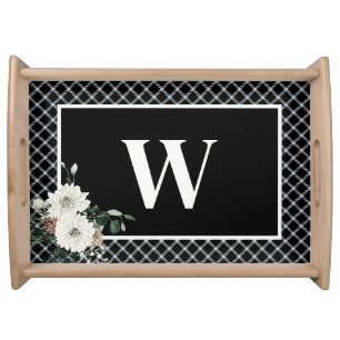 Rustic Christmas Black & White Plaid Monogram Pine Serving Tray