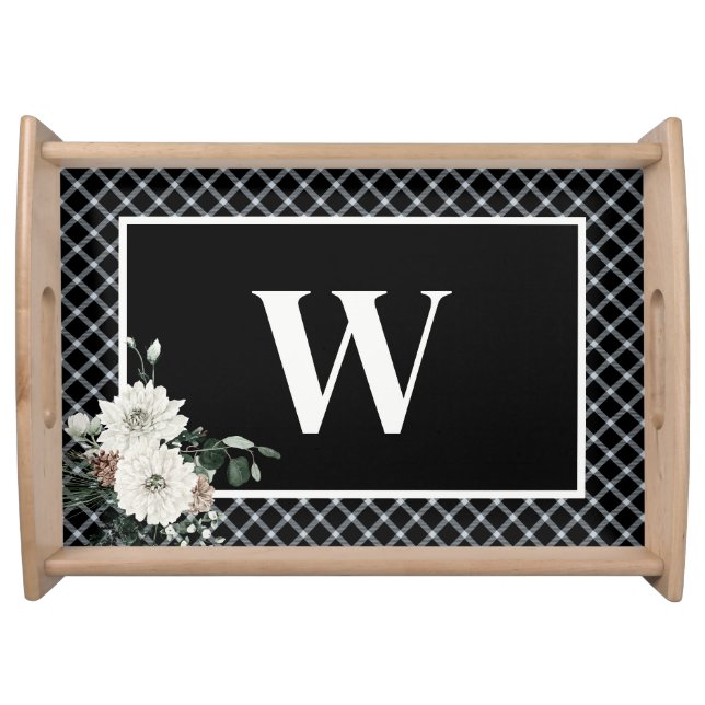 Rustic Christmas Black & White Plaid Monogram Pine Serving Tray (Front)