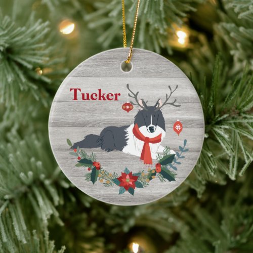 Rustic Christmas Border Collie Dog Antler Greenery Ceramic Ornament