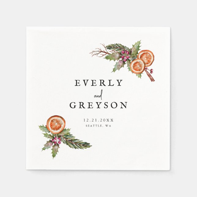Rustic Christmas Botanical Spice Wedding Napkins (Front)