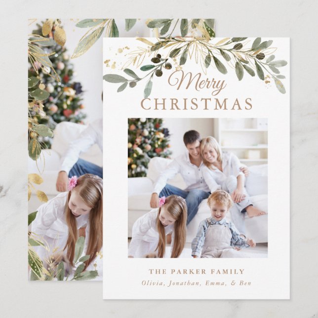 Rustic Christmas Botanical | Two Photo and Gold Holiday Card (Front/Back)