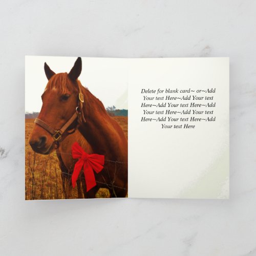 Rustic Christmas Brown Horse  Red Bow Holiday Card