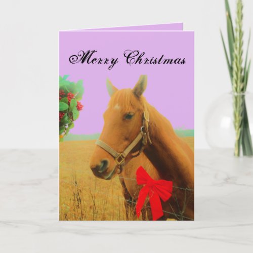 Rustic Christmas Brown Horse  Red Bow modern Pink Holiday Card