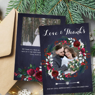 Rustic Christmas burgundy floral photo wedding Thank You Card