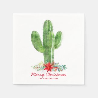 Rustic Christmas Cactus Holiday Floral Napkins