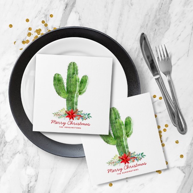 Rustic Christmas Cactus Holiday Floral Napkins (Rustic Christmas Cactus Holiday Floral Napkins)