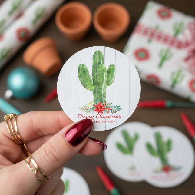 Rustic Christmas Cactus White Wood Holiday Classic Round Sticker (Creator Uploaded)