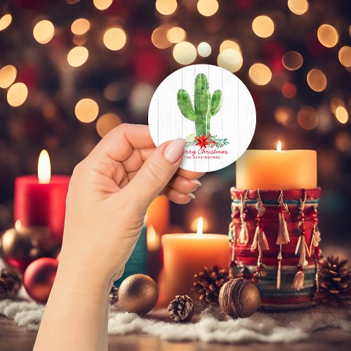Rustic Christmas Cactus White Wood Holiday Classic Round Sticker