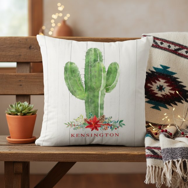 Rustic Christmas Cactus White Wood Holiday Throw Pillow (Creator Uploaded)