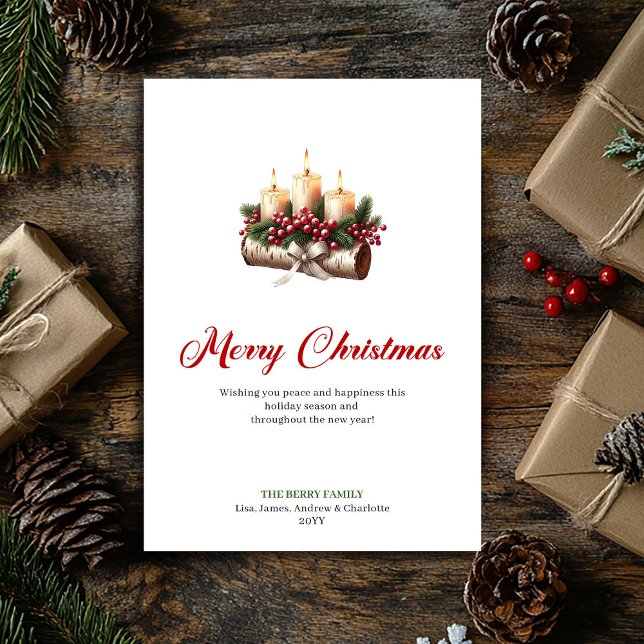 Rustic Christmas candles on wooden log card (Rustic Christmas candles on wooden log card)