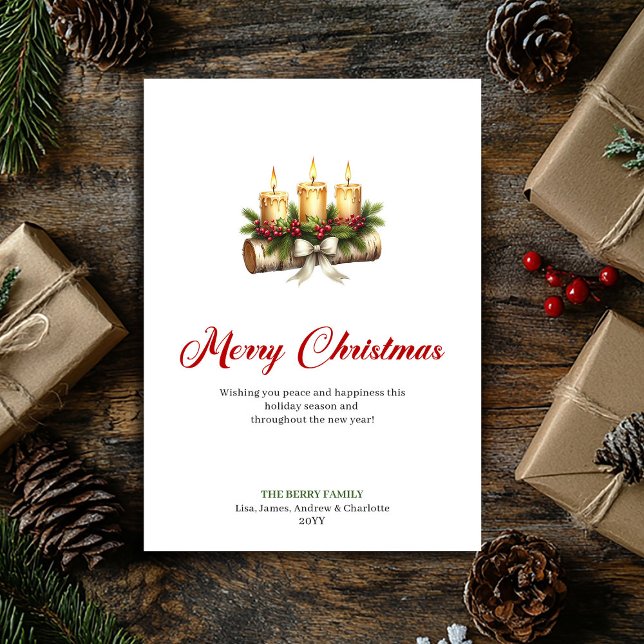 Rustic Christmas candles on wooden log greeting Holiday Card (Rustic Christmas candles on wooden log greeting)