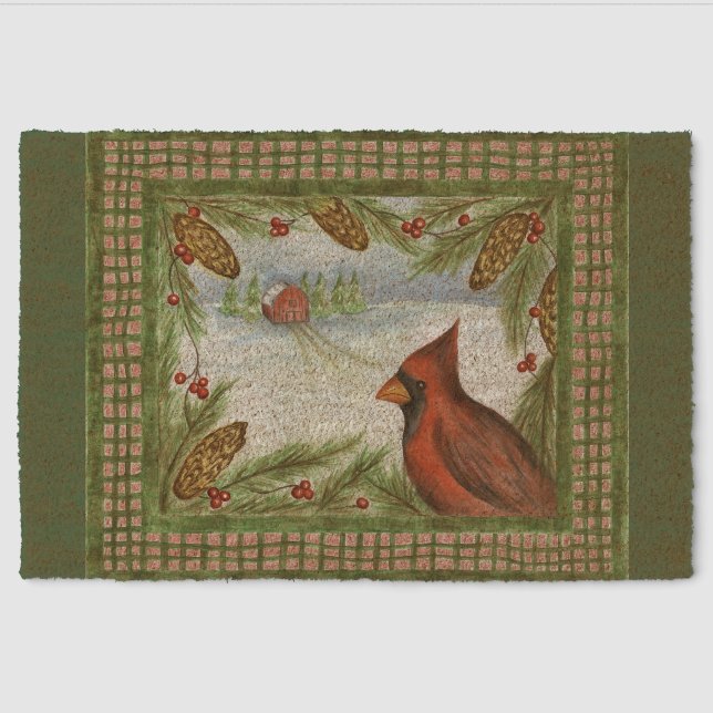 Rustic Christmas Cardinal Doormat Rug (Front)