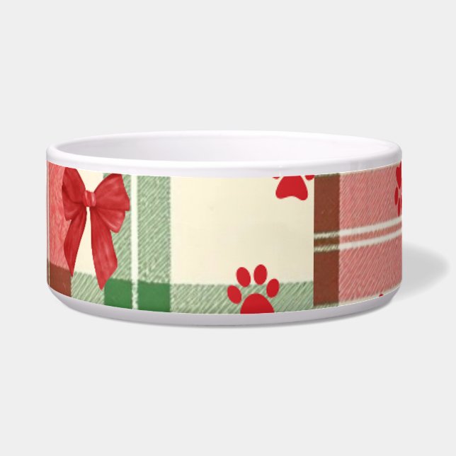 Rustic Christmas Cat Bowl – Festive Red & Green (Front)
