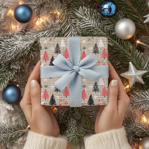 Rustic Christmas Clipart with Trees & Snowflakes Wrapping Paper Sheets