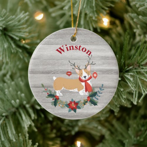 Rustic Christmas Corgi with Antlers and Greenery Ceramic Ornament