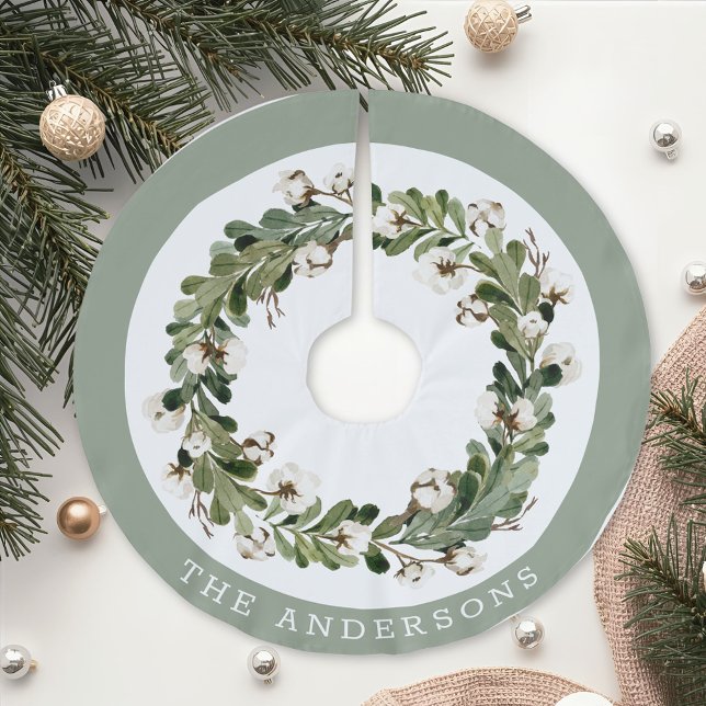 Rustic Christmas Cotton Wreath Family Name Brushed Polyester Tree Skirt (Creator Uploaded)